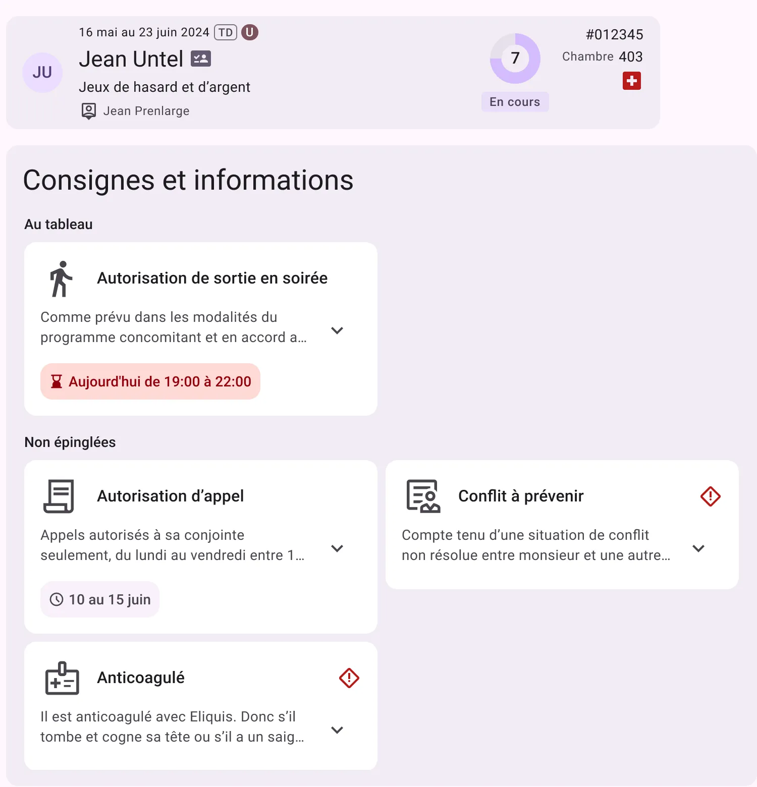 Écran « Résumé » d’un dossier client dans Libello : consignes au tableau et non épinglées, et notes récentes de l’équipe (données fictives)
