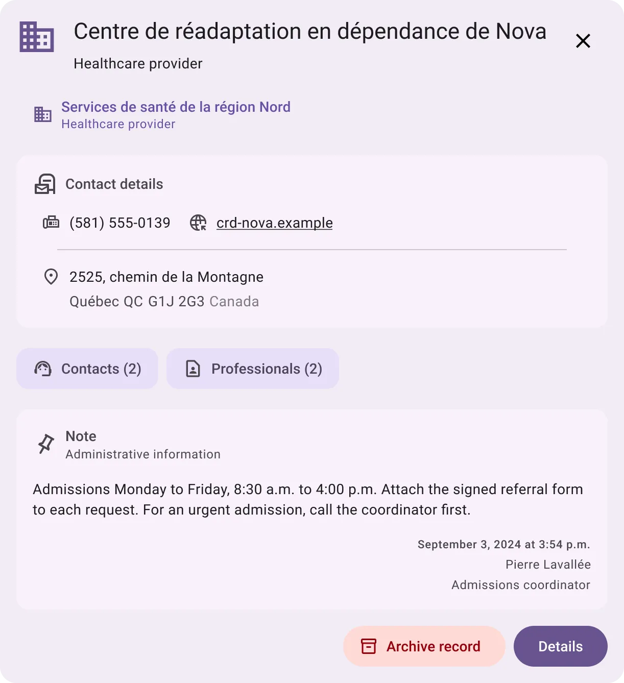 An organization record in the Libello directory: parent organization, contact details, access to its contacts and professionals, a signed administrative note, and buttons to archive the record or view details (fictitious data)