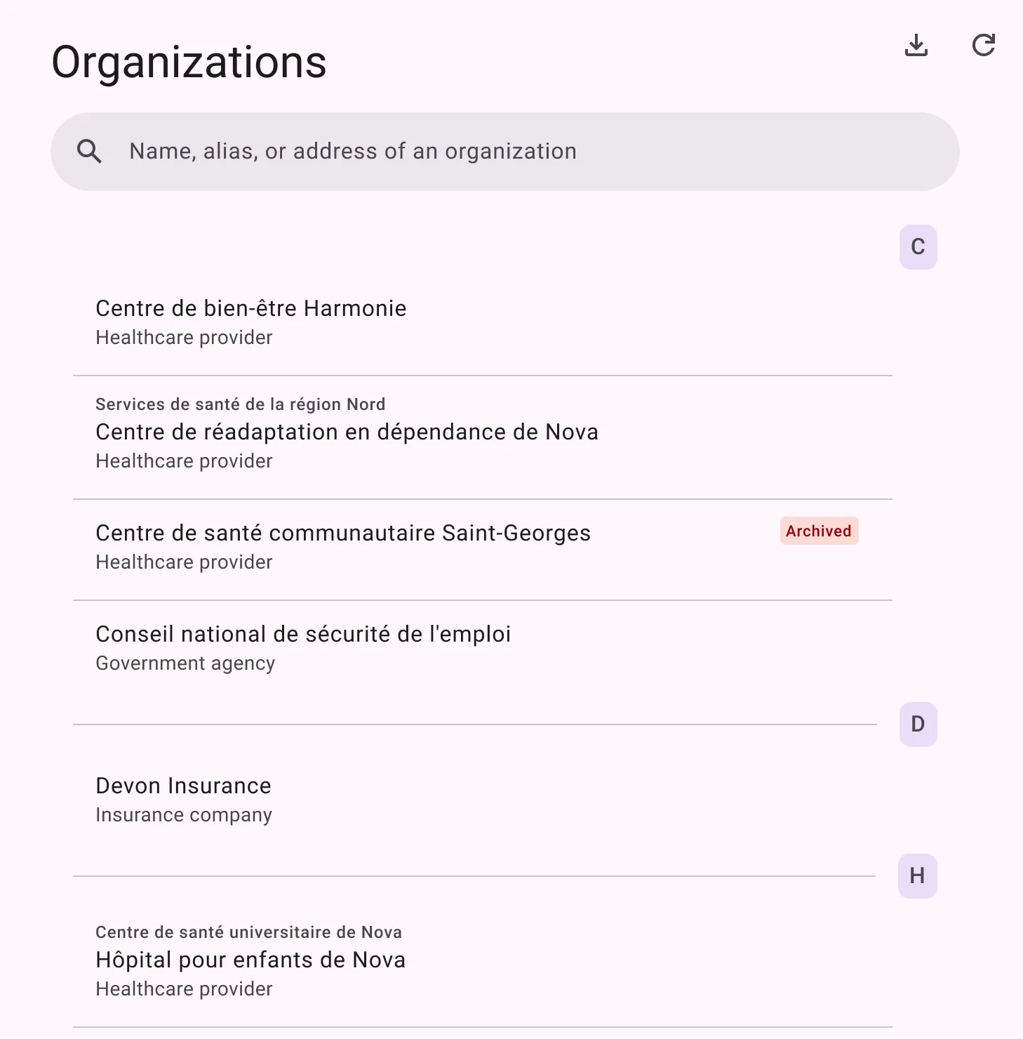 List of organizations in the Libello directory: search by name, alias or address, organizations sorted by letter with their type and parent organization, and an archived record (fictitious data)