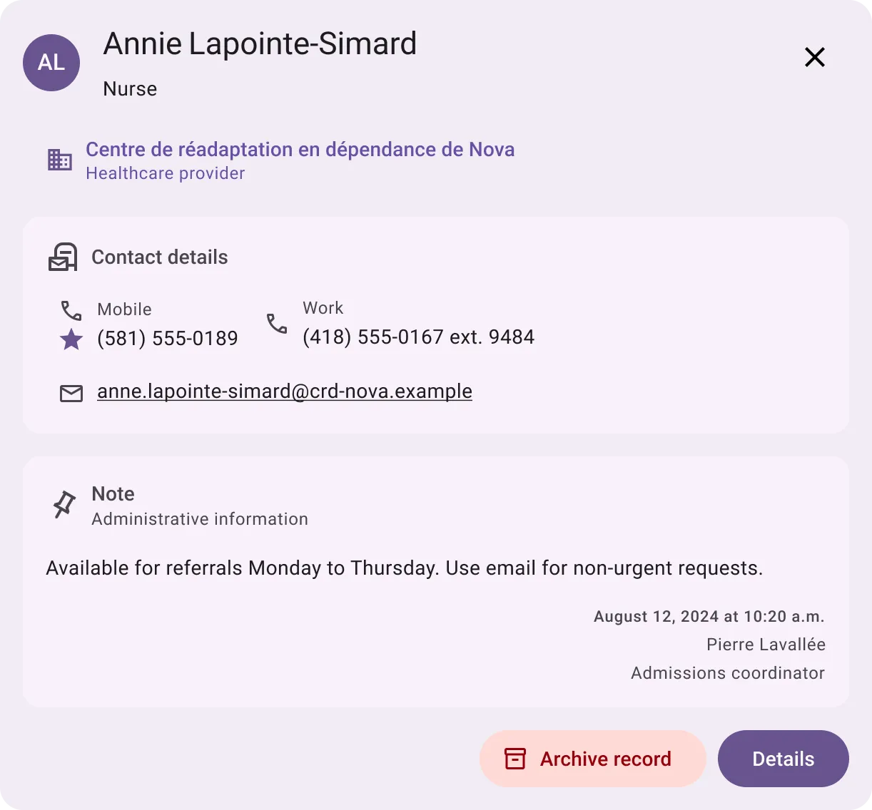 A professional’s record in the Libello directory: a nurse linked to the Centre de réadaptation en dépendance de Nova, cell and work numbers, email, and a signed administrative note (fictitious data)