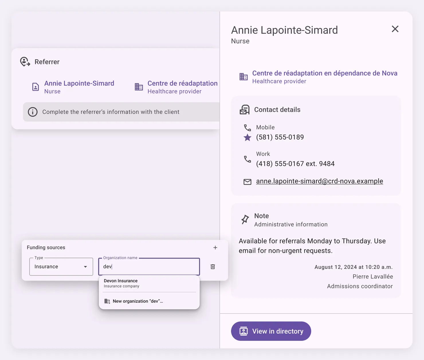 The directory built into the client record in Libello: clicking a client’s referrer opens a side panel with her record and a “View in directory” button, and typing a few letters in “Funding sources” suggests the matching organization (fictitious data)