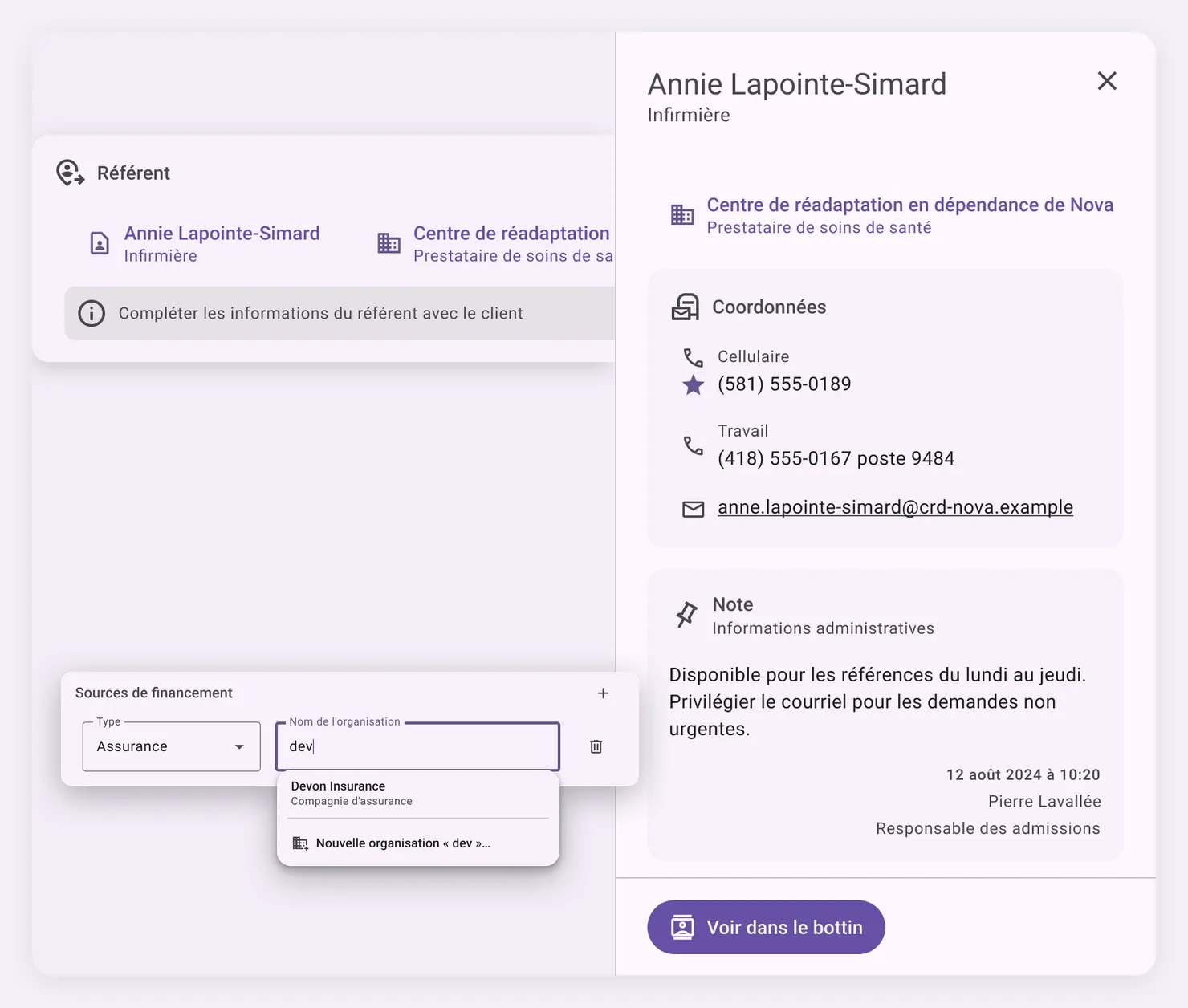 Bottin intégré au dossier dans Libello : un clic sur la référente d’un client ouvre un volet avec sa fiche et le bouton « Voir dans le bottin », et la saisie de quelques lettres dans « Sources de financement » propose l’organisation correspondante (données fictives)