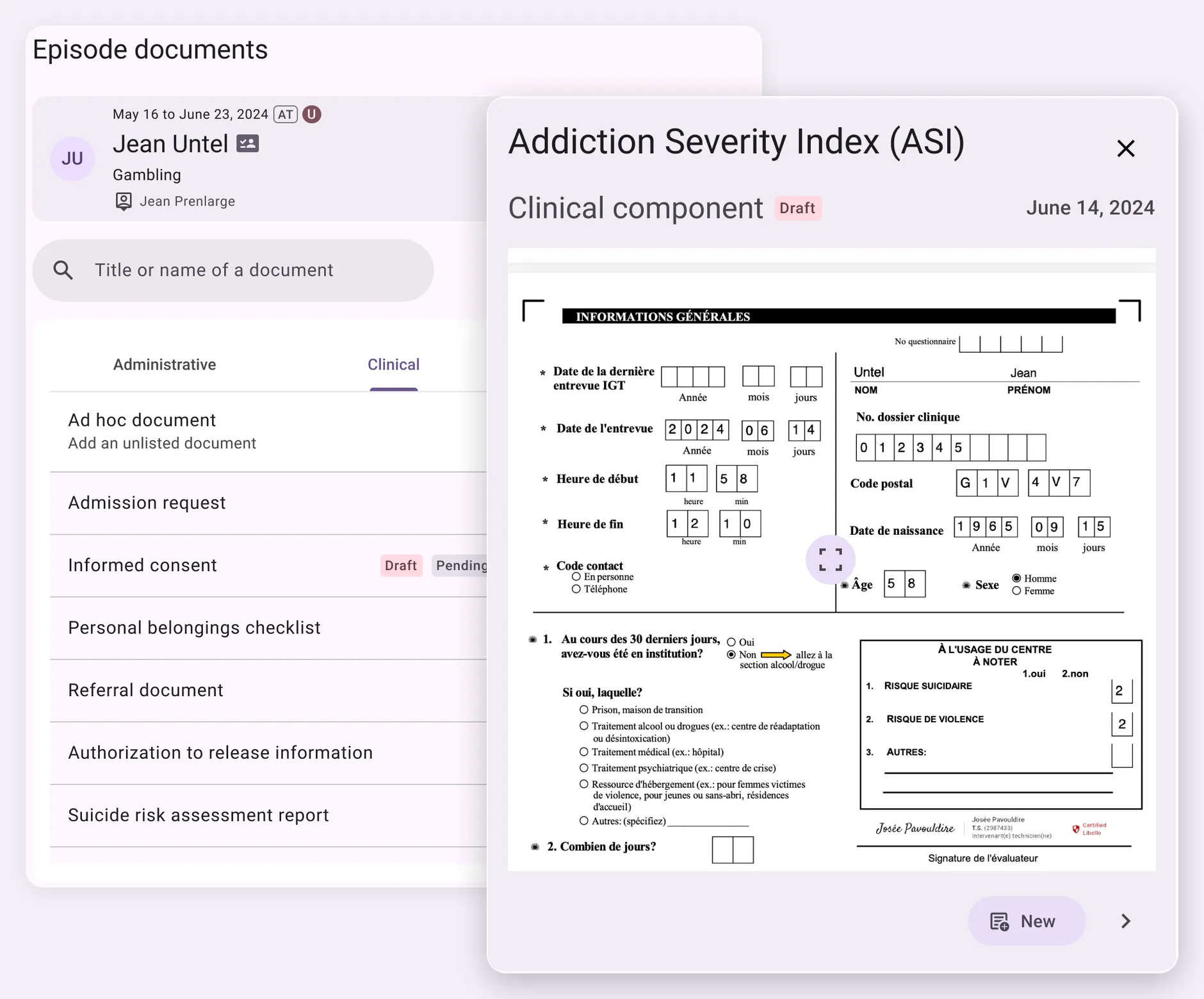 Record documents in Libello, organized by category with missing documents flagged, and an ASI form pre-filled with the record data and signed on screen (fictitious data)