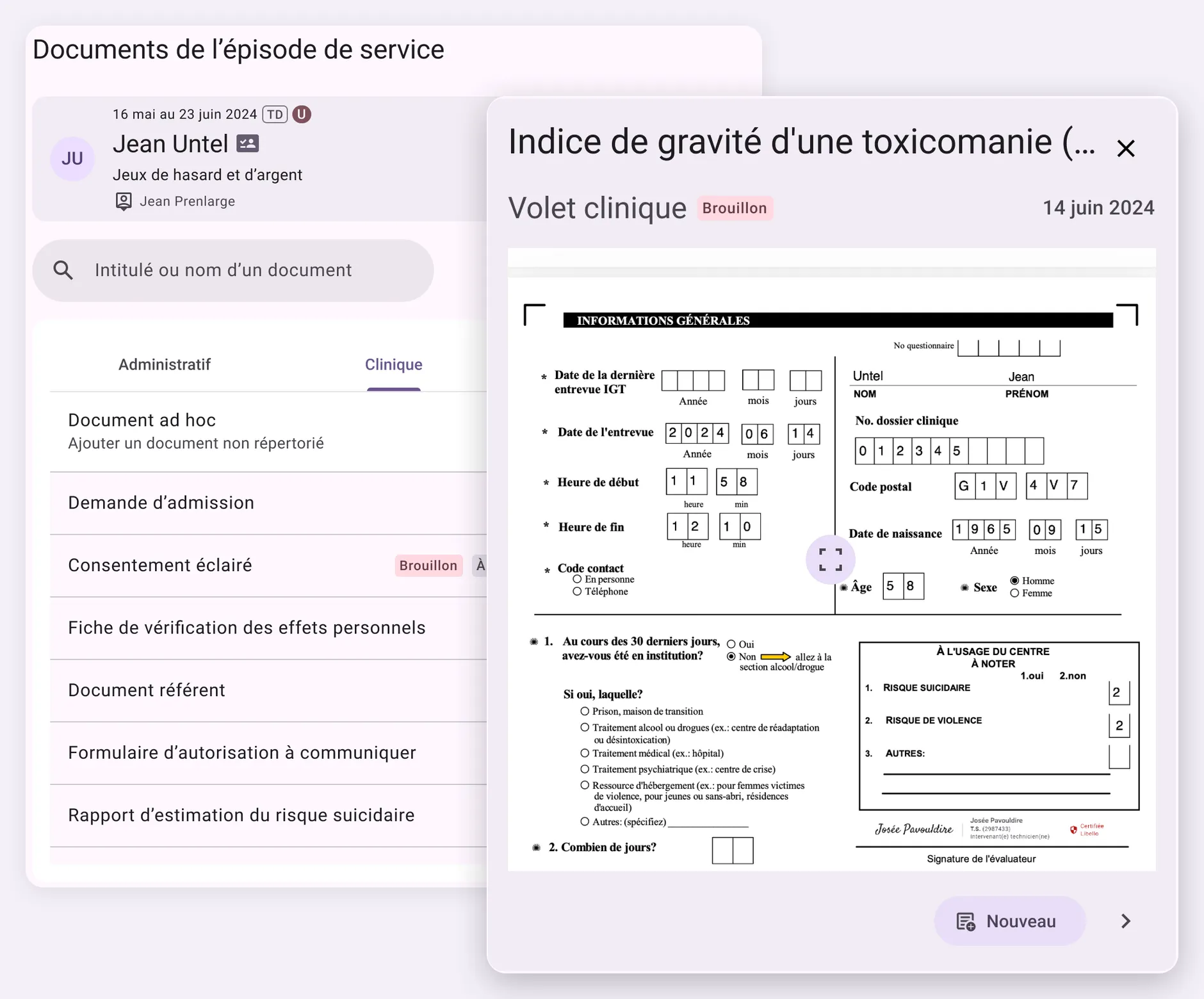Documents d’un dossier dans Libello, classés par volets avec les documents manquants signalés, et un formulaire IGT prérempli avec les données du dossier et signé à l’écran (données fictives)