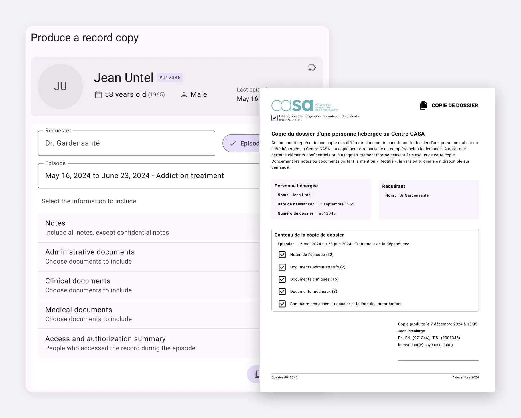Producing a record copy in Libello: choice of requester, episode and items to include, and the resulting copy, ready to share (fictitious data)