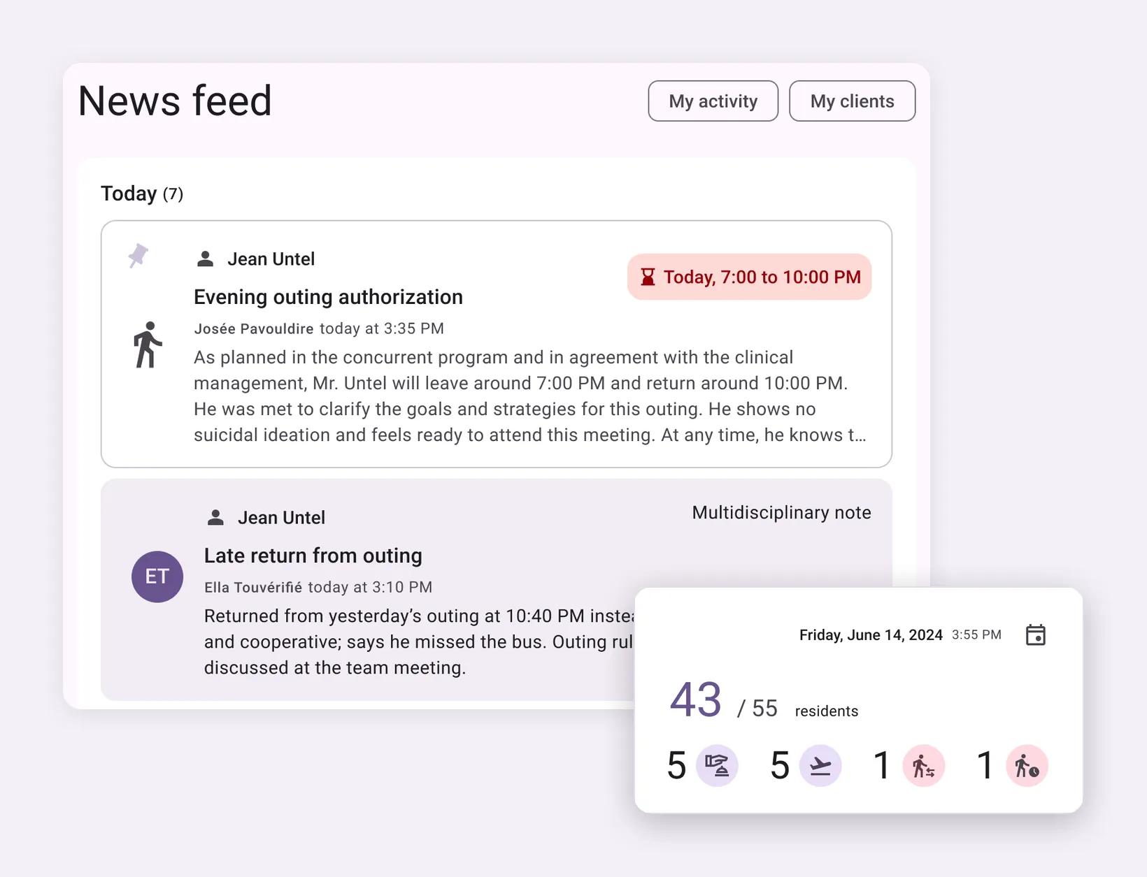 Libello news feed: an evening outing authorization pinned on the board and the worker’s note on the return, with the real-time count of residents (43 of 55), arrivals, departures and outings (fictitious data)