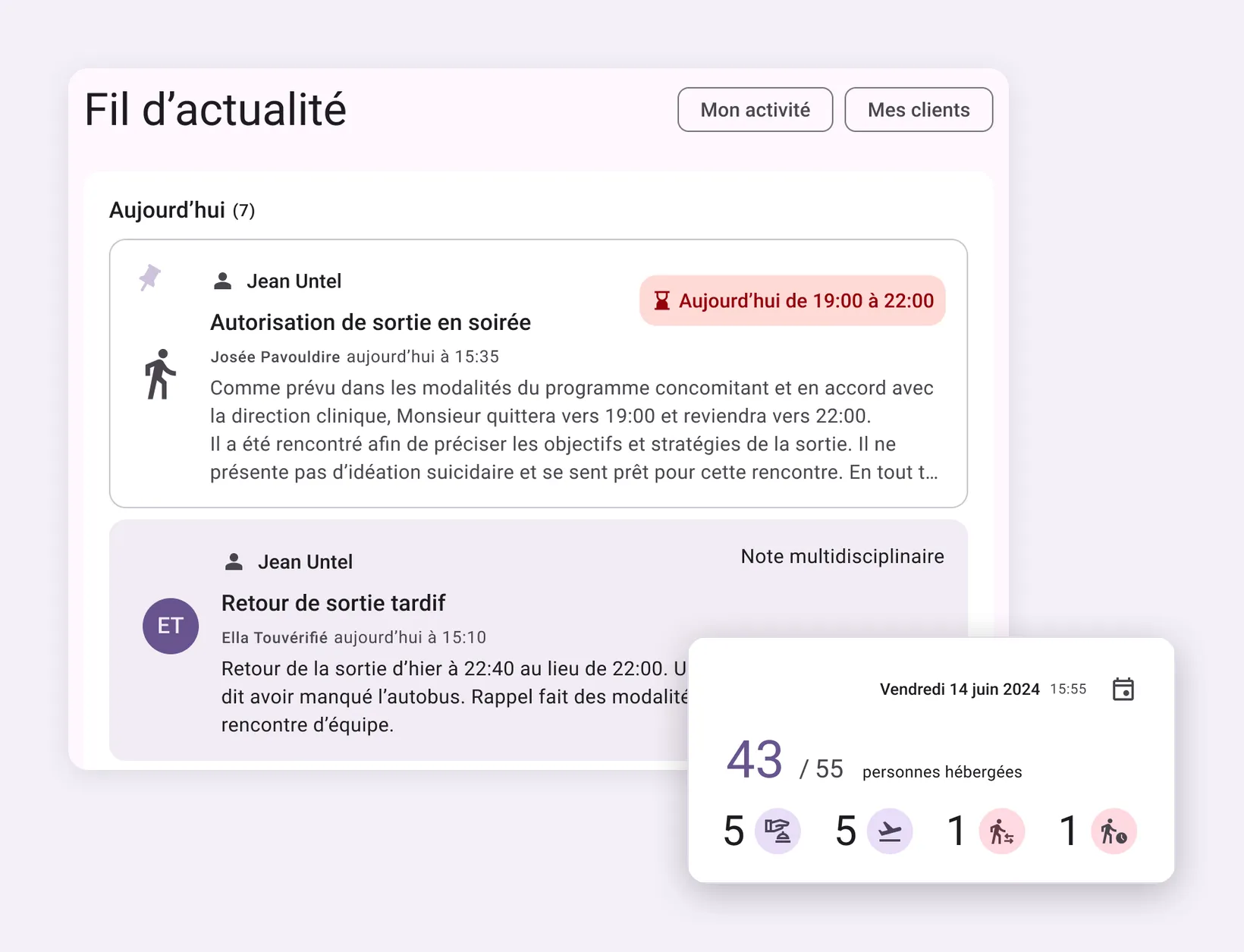 Fil d’actualité de Libello : une autorisation de sortie épinglée au tableau et la note de retour de l’intervenante, avec le décompte en temps réel des personnes hébergées (43 sur 55), des arrivées, des départs et des sorties (données fictives)