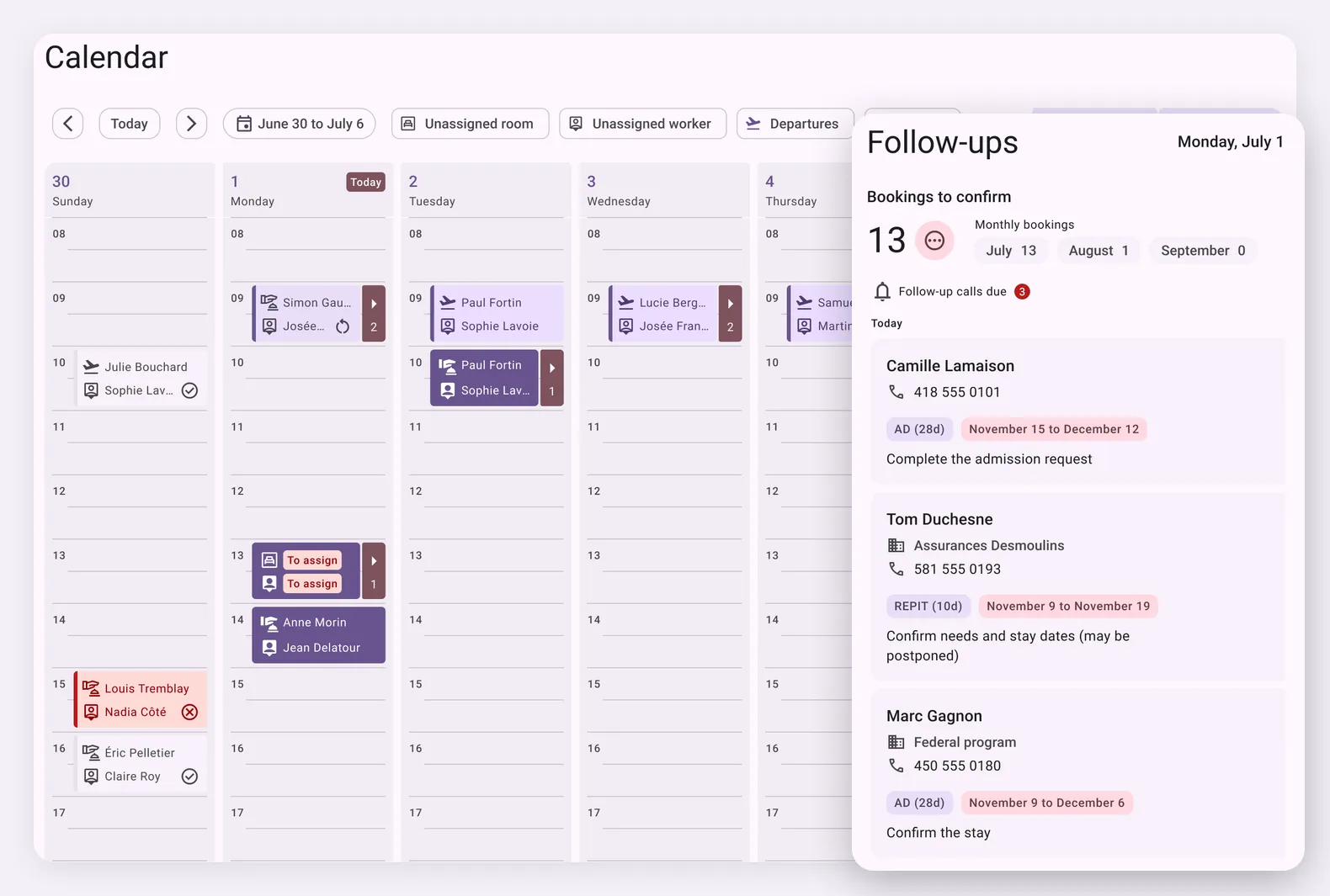Weekly calendar in Libello, with arrivals and departures, the assigned room and worker, and the follow-ups screen: bookings to confirm and today’s follow-up calls (fictitious data)