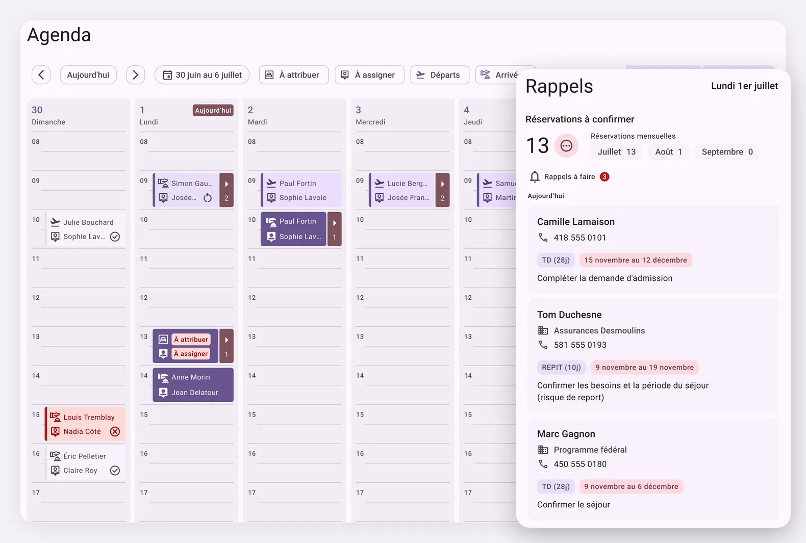Agenda de la semaine dans Libello, avec les arrivées et les départs, la chambre attribuée et l’intervenant assigné, et l’écran des rappels : réservations à confirmer et appels de suivi du jour (données fictives)